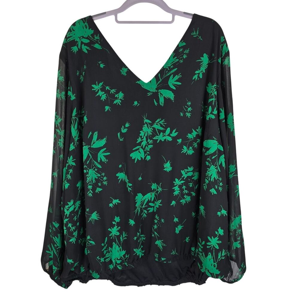 Torrid Black Green Leaf V-Neck Criss Cross Back Long Sleeve Blouse 4 - 4X